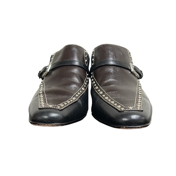 Brighton‎ Shoes Tempe Mules Buckle Studded Black/Chocolate Leather Heeled 8M - Picture 4 of 12